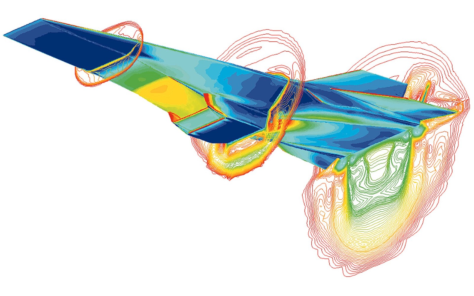 Computational fluid dynamics simulation showing airflow and vortex patterns around an aircraft wing